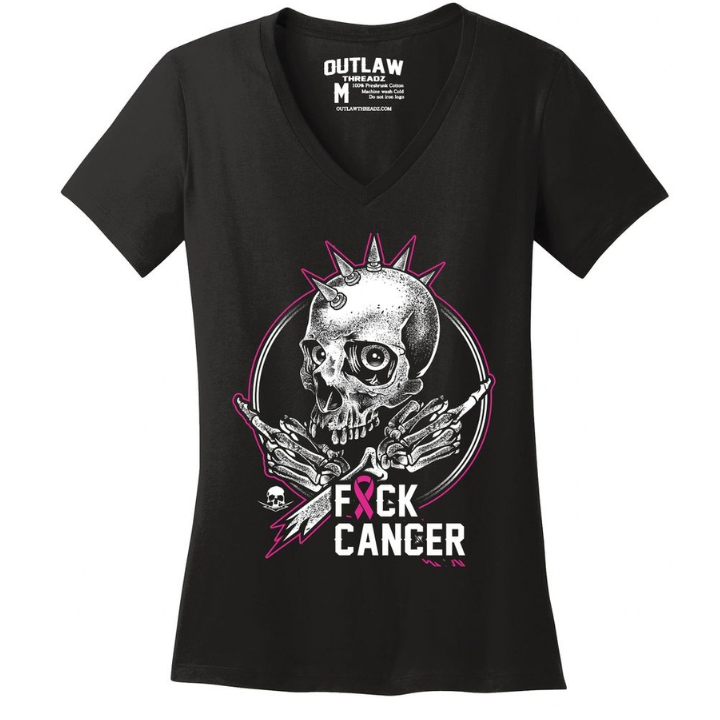 GIRLS S/S VNECK FUCK CANCER - BLK